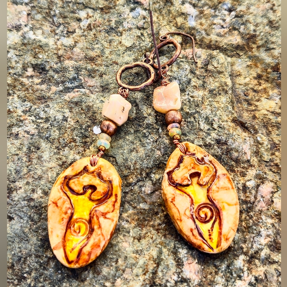 Primitive Yellow Fertility Goddess & Genuine Ethiopian Opal In Copper Earrings